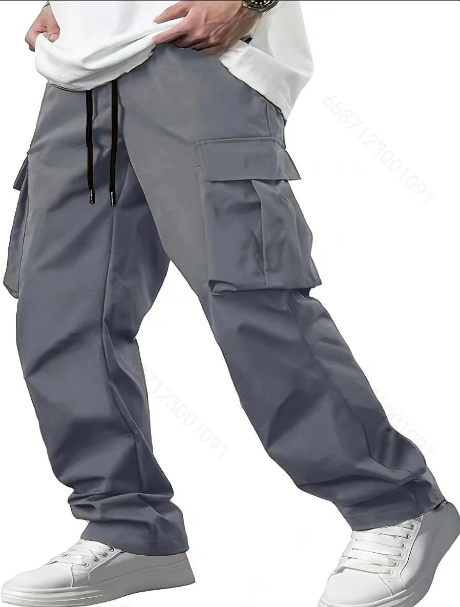 2024 for Summer New Men's Mid Waist Polyester Woven Overalls Drawstring Multi-pocket Casual Trousers