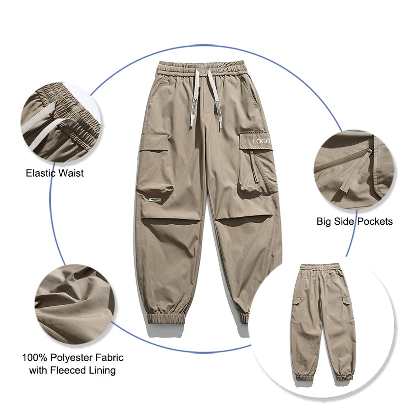 Unisex Winter Fleeced Lining Loose Fit Multi Pockets Pants With Custom Logo Elastic Waist Below Pockets Cargo Pants