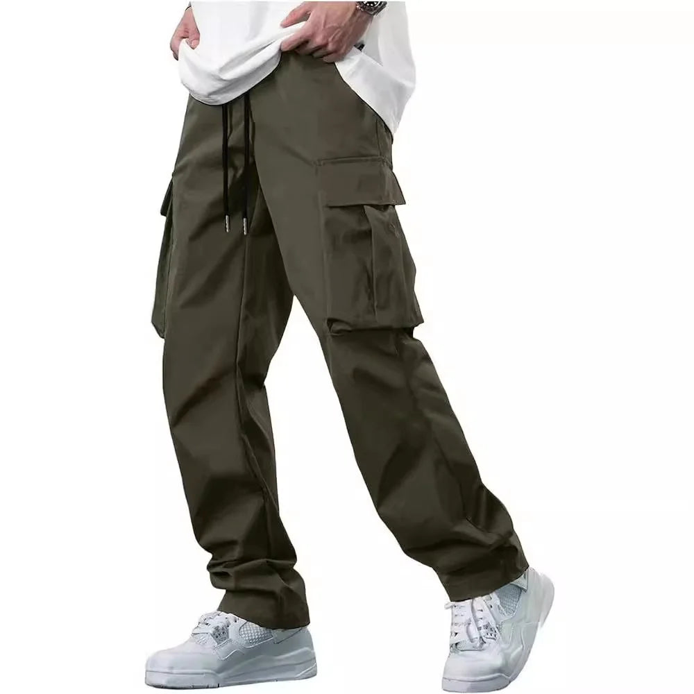 2024 for Summer New Men's Mid Waist Polyester Woven Overalls Drawstring Multi-pocket Casual Trousers