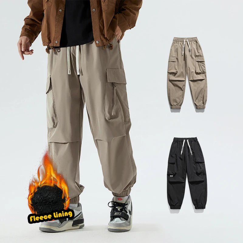 Unisex Winter Fleeced Lining Loose Fit Multi Pockets Pants With Custom Logo Elastic Waist Below Pockets Cargo Pants