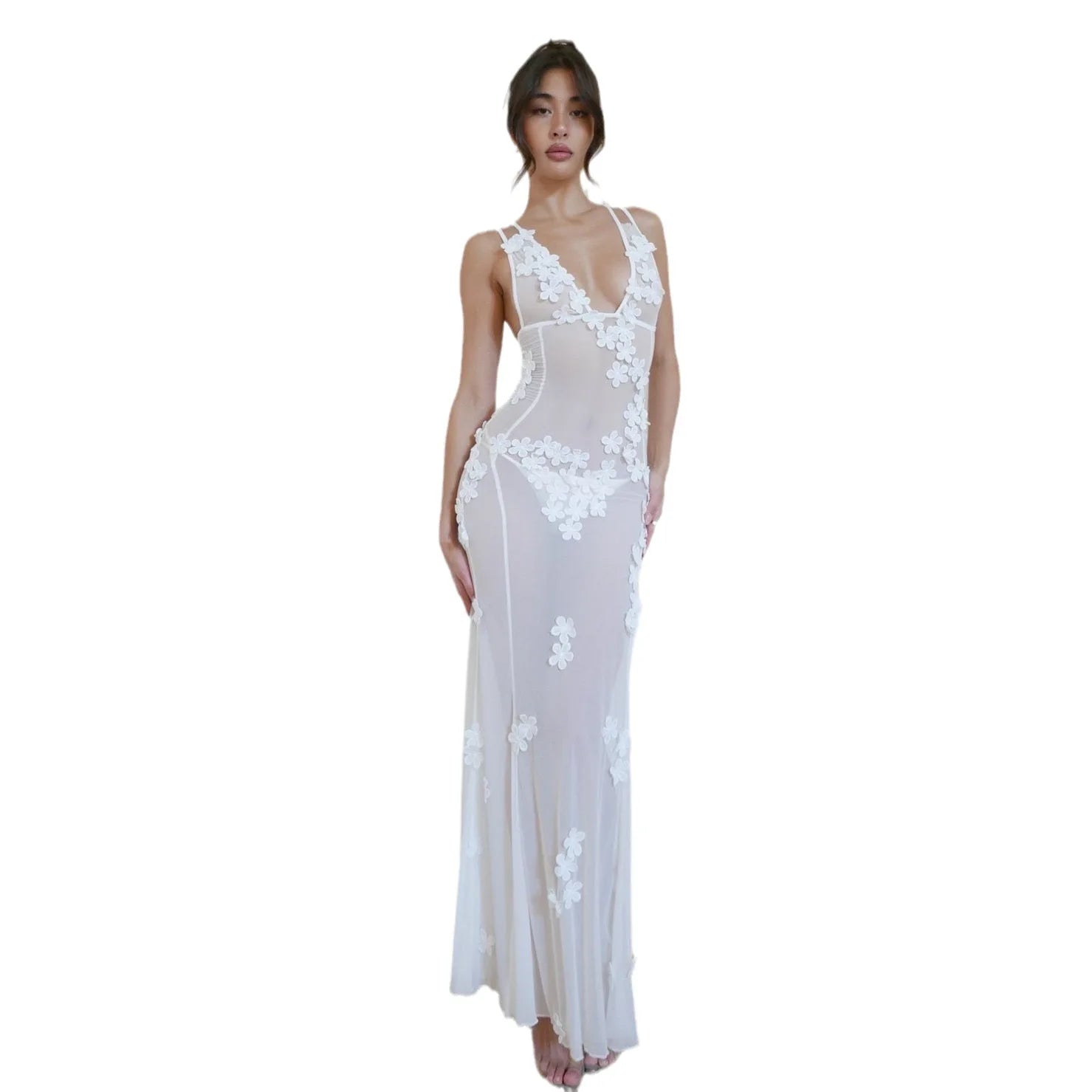 White Floral Appliqu New Cross-border European and American Foreign Trade Wholesale Deep V Sexy Decal Suspender Skirt