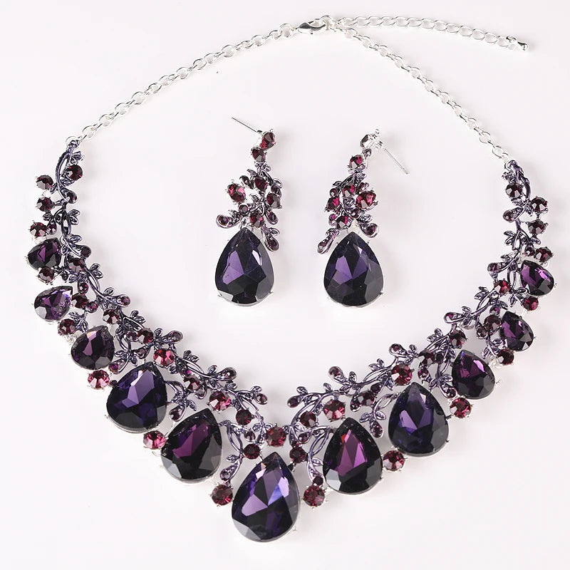 Bridal Party Wedding Jewelry Sets Statement Purple Delicate Crystal Rhinestones Necklace Earrings set Waterdrop Dress Accessorie