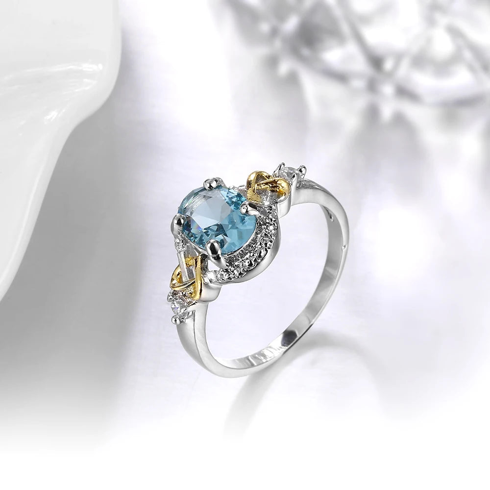 Sky Blue Oval CZ Ring, Earrings & Necklace — Silver-Plated Statement Jewelry | Sizes 6–9