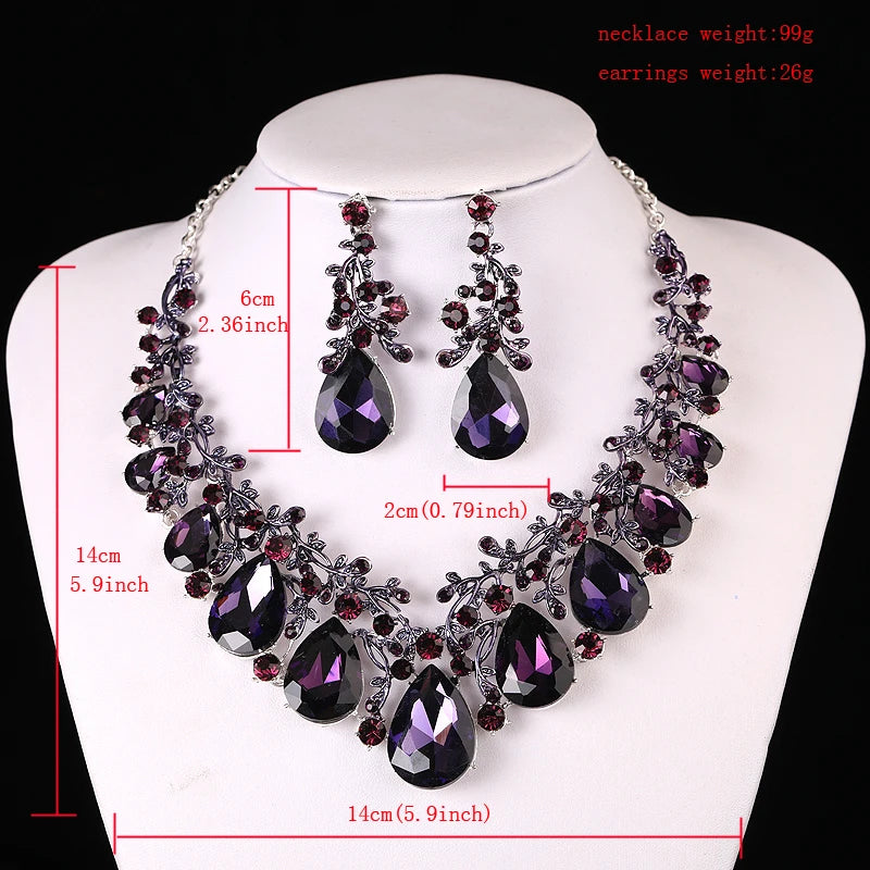 Bridal Party Wedding Jewelry Sets Statement Purple Delicate Crystal Rhinestones Necklace Earrings set Waterdrop Dress Accessorie