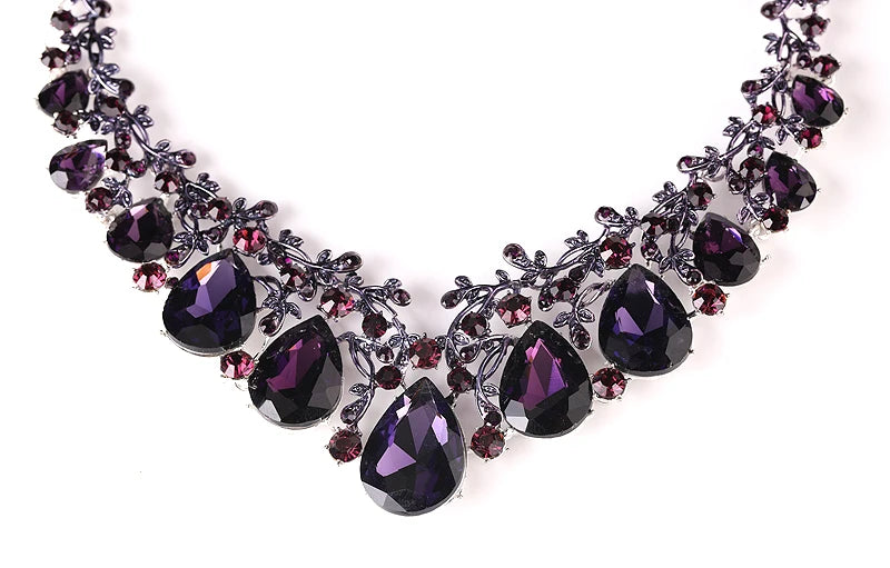 Bridal Party Wedding Jewelry Sets Statement Purple Delicate Crystal Rhinestones Necklace Earrings set Waterdrop Dress Accessorie