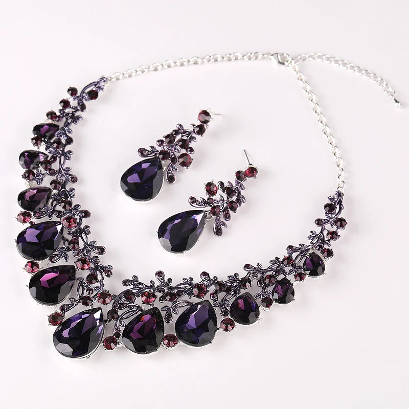 Bridal Party Wedding Jewelry Sets Statement Purple Delicate Crystal Rhinestones Necklace Earrings set Waterdrop Dress Accessorie