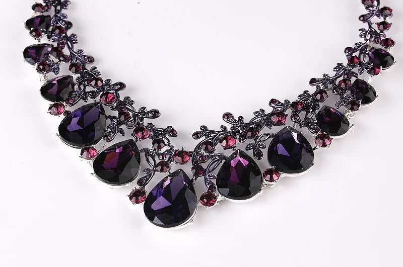 Bridal Party Wedding Jewelry Sets Statement Purple Delicate Crystal Rhinestones Necklace Earrings set Waterdrop Dress Accessorie