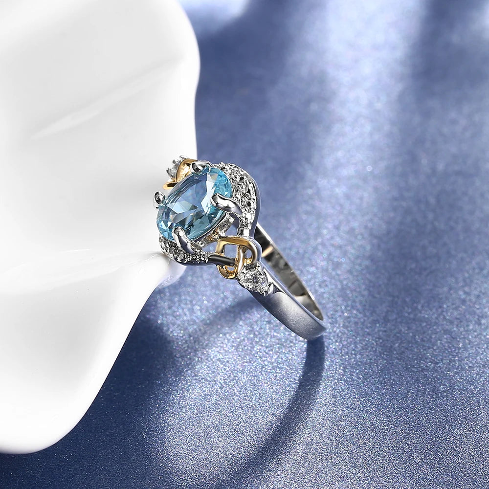 Sky Blue Oval CZ Ring, Earrings & Necklace — Silver-Plated Statement Jewelry | Sizes 6–9