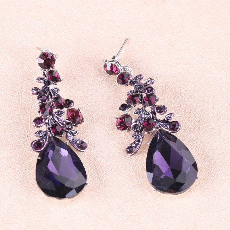 Bridal Party Wedding Jewelry Sets Statement Purple Delicate Crystal Rhinestones Necklace Earrings set Waterdrop Dress Accessorie