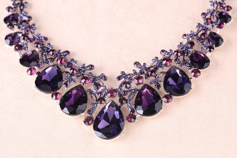 Bridal Party Wedding Jewelry Sets Statement Purple Delicate Crystal Rhinestones Necklace Earrings set Waterdrop Dress Accessorie