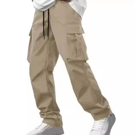 2024 for Summer New Men's Mid Waist Polyester Woven Overalls Drawstring Multi-pocket Casual Trousers