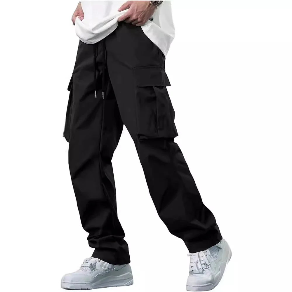2024 for Summer New Men's Mid Waist Polyester Woven Overalls Drawstring Multi-pocket Casual Trousers