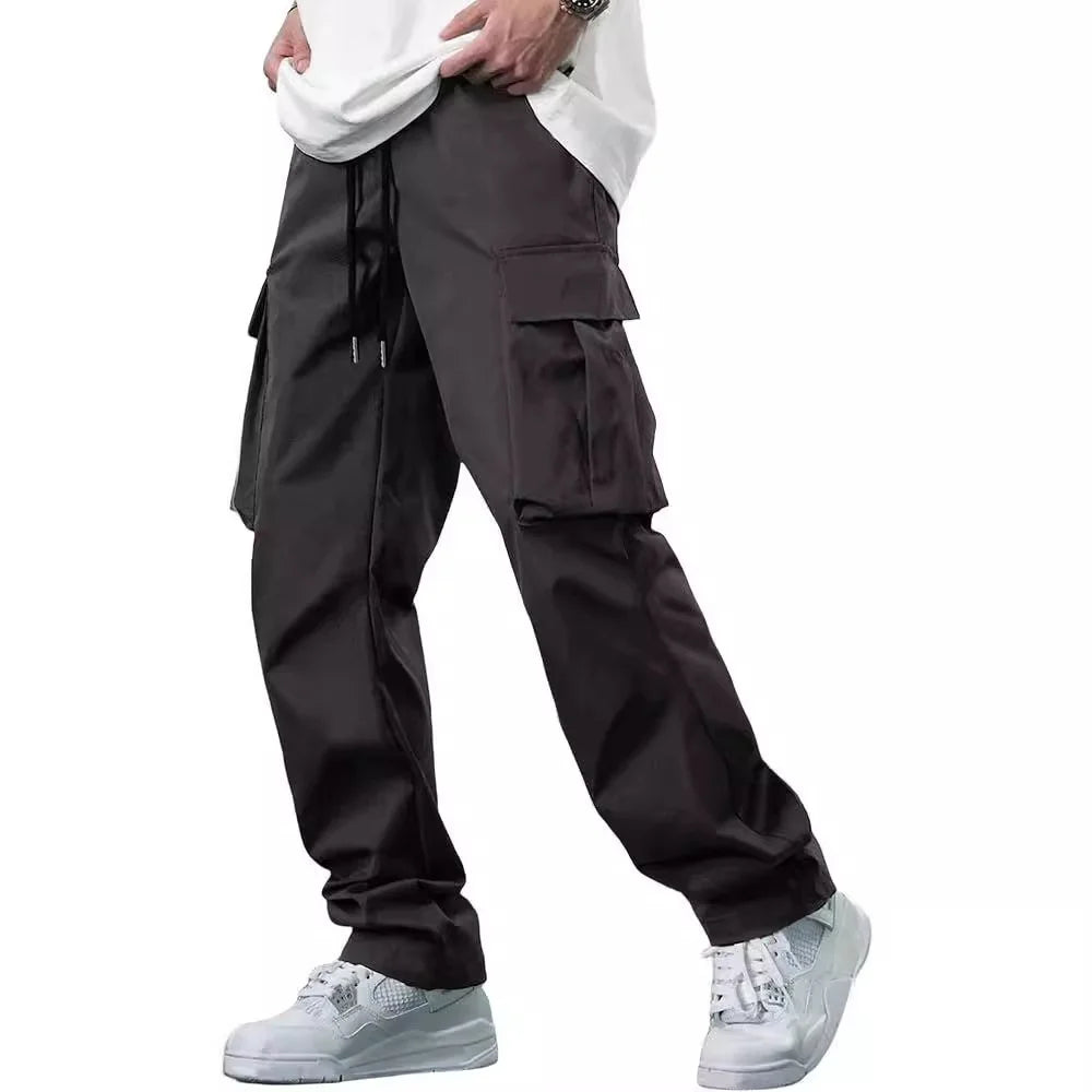 2024 for Summer New Men's Mid Waist Polyester Woven Overalls Drawstring Multi-pocket Casual Trousers