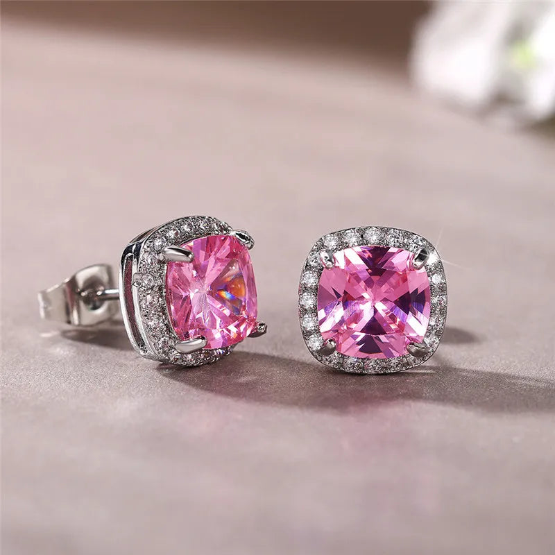 Gemstone-Inspired Cushion-Cut Cubic Zirconia Stud Earrings