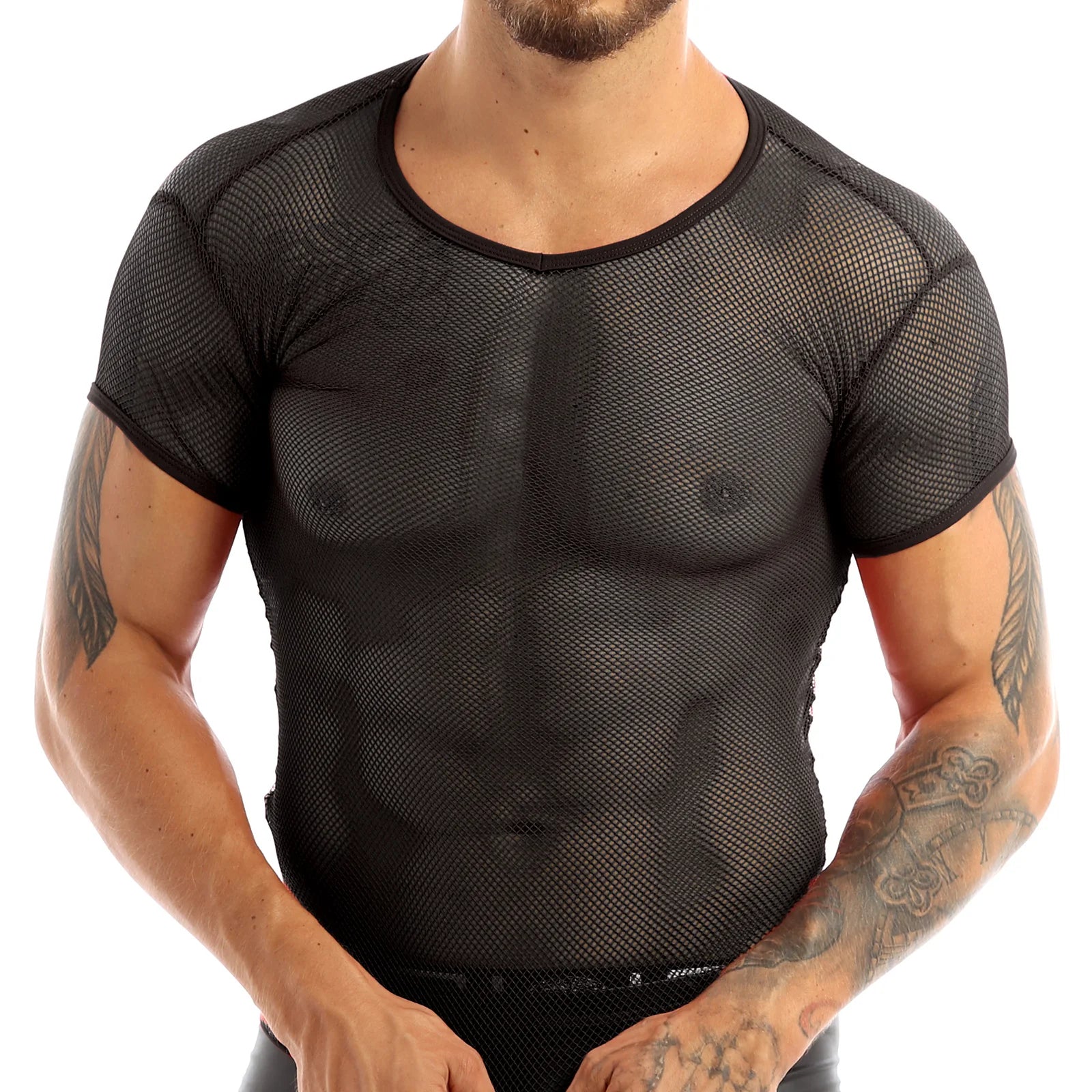 Mens Mesh Cycling Base Layers Shirt Quick Dry Cool Cycling Vest Black See Through Clubwear Tee Shirt Fishnet Jersey Sportswear