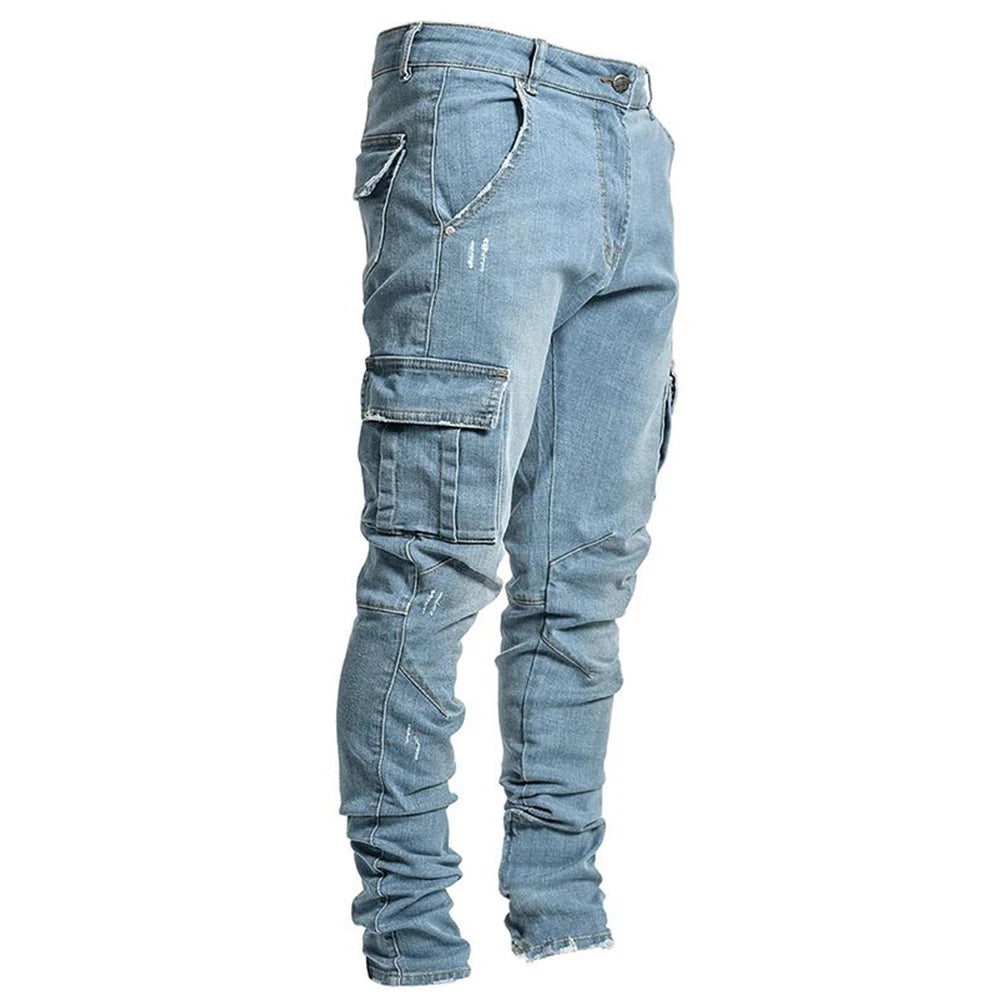 Tsingyi Elastic Denim Cargo Jogger Jeans — Slim Fit Multi-Pocket | Washed Streetwear | S–3XL | Black & Blue