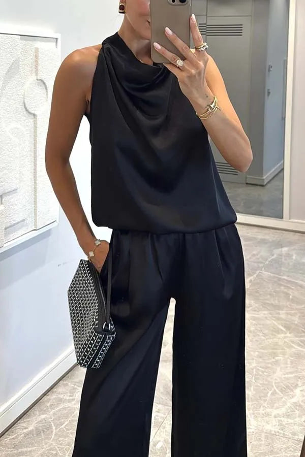 Women's Sleeveless Satin Top & Straight Pants 2-Piece Set – Chic Commuter Suit