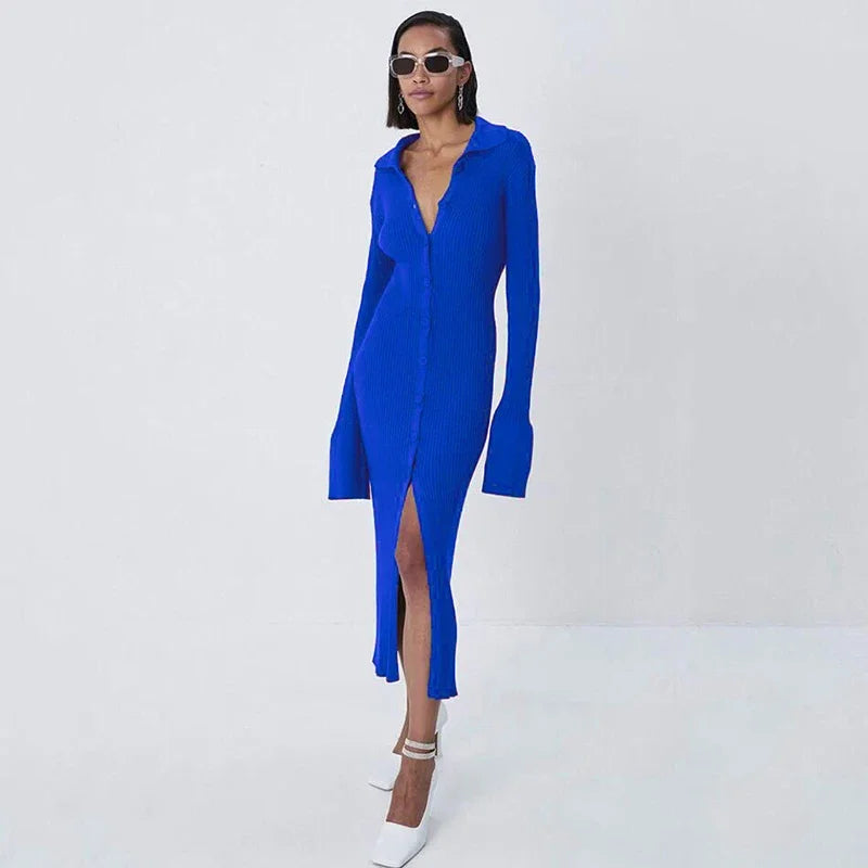 GIDYQ Flare Sleeve Knit Midi Dress — Y2K V-Neck Slim A-Line Single Breasted | Club Streetwear | 6 Colors | S–L