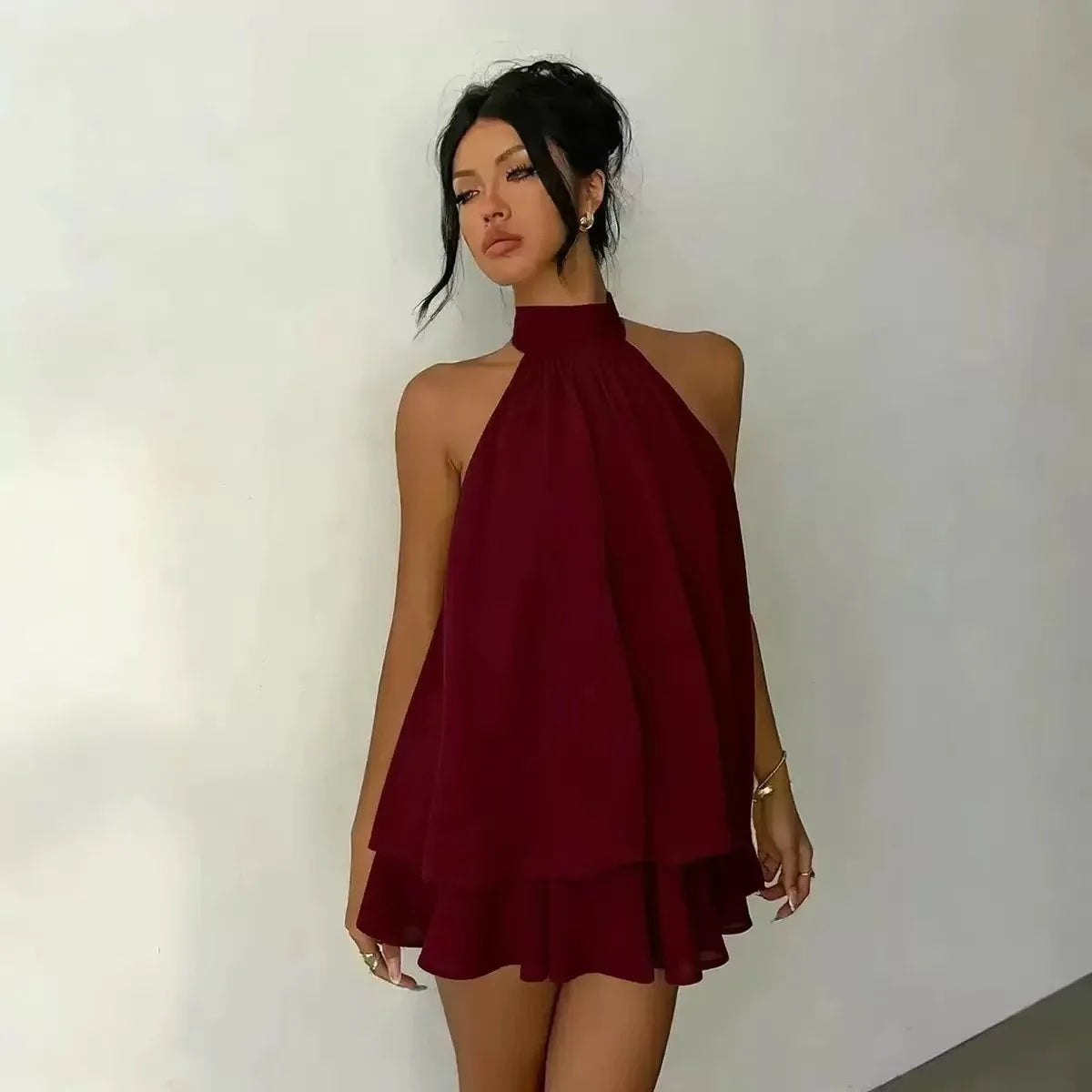 Women's Sleeveless Backless A-Line Mini Dress – Elegant Halter Party Dress