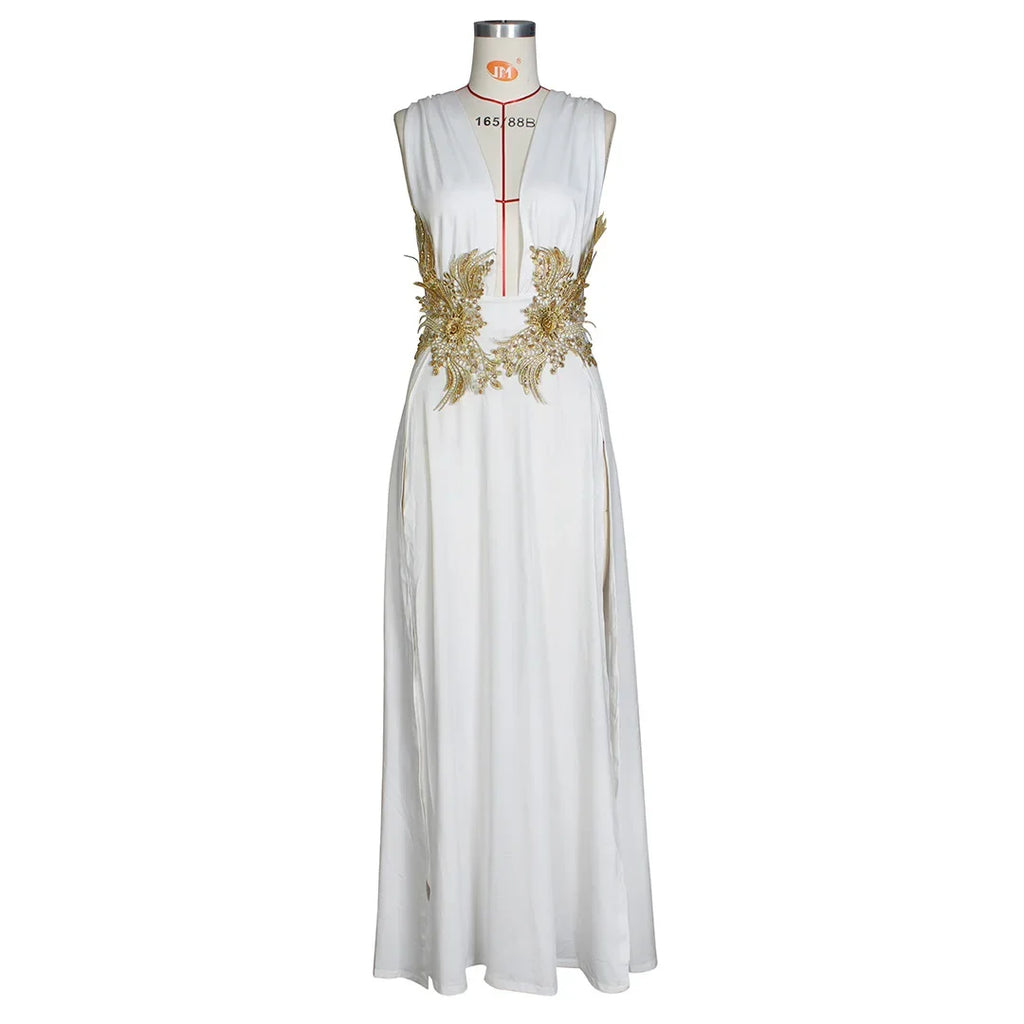 Floral Applique Maxi Dress | High-Split Sleeveless Party Gown