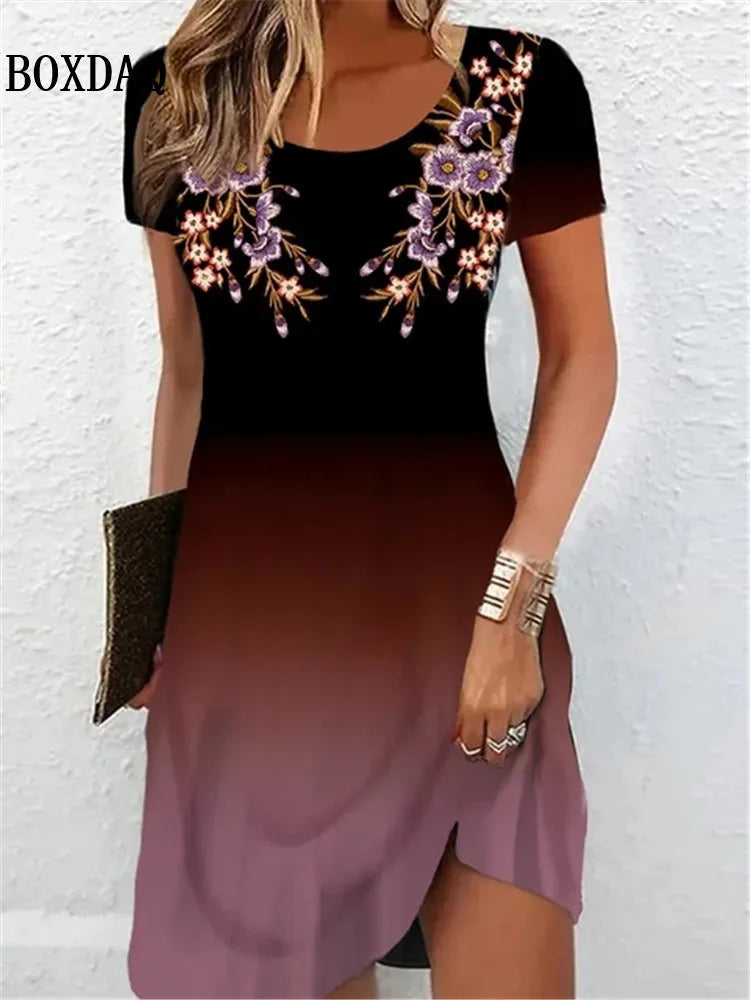 BOXDAQ Plus Size Gradient Flower Print Dress — Short Sleeve O-Neck A-Line | Casual Elegant | 4 Prints | S–6XL