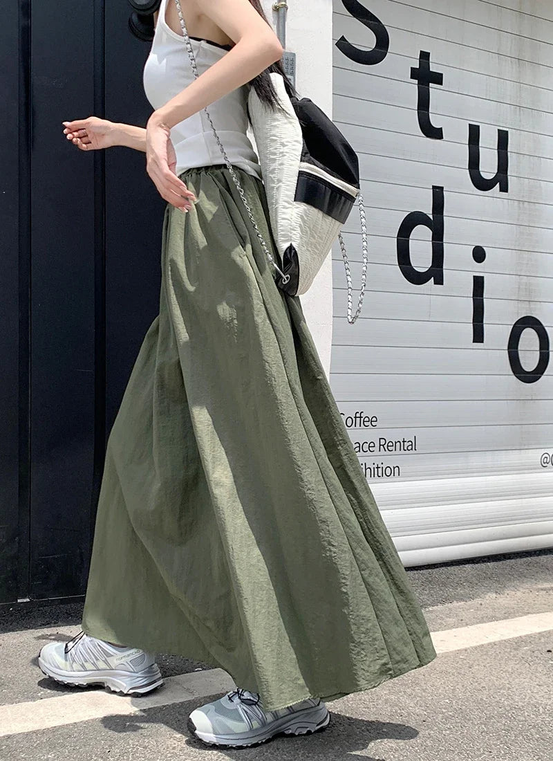 Chic Women Pockets A-Line Long Skirts Ladies Casual Loose Elastic High Waist Midi Skirt 2024 Spring Summer