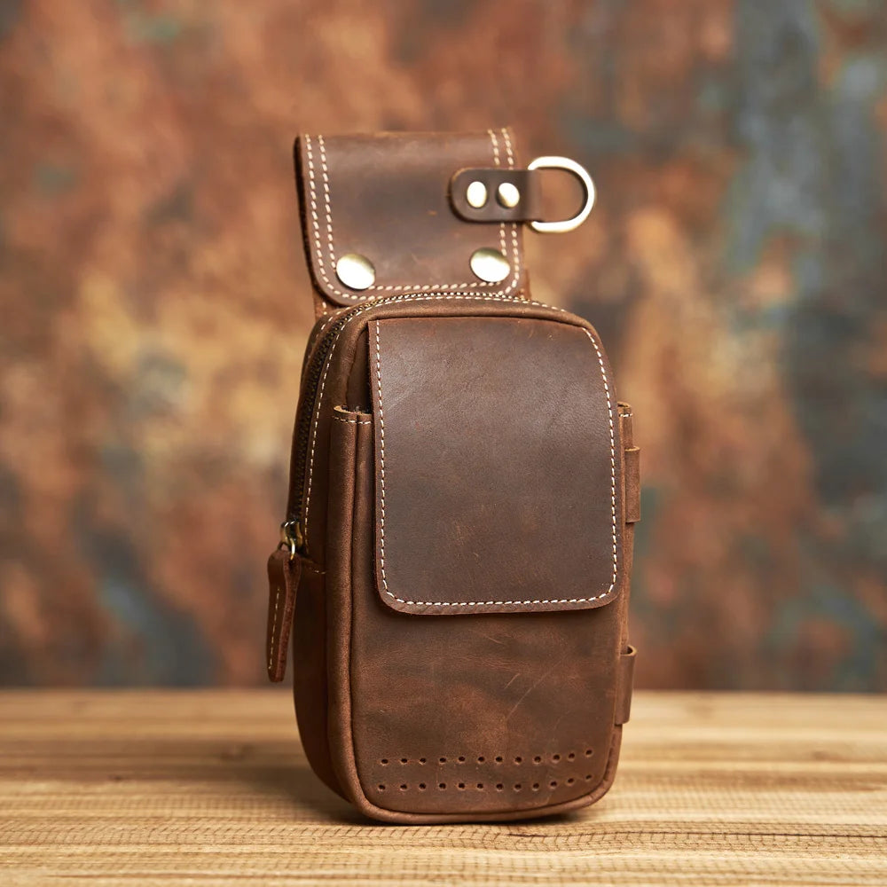 NASVA Genuine Leather Men's Waist Bag Multifunctional Mobile Phone Bag Wearable Belt Waist Bag with Key Hanging Buckle