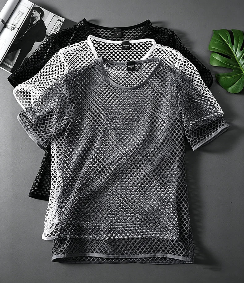 Mens Mesh See Through T Shirt Ice Cool Breathable Fishnet Hollow Out Short Sleeve