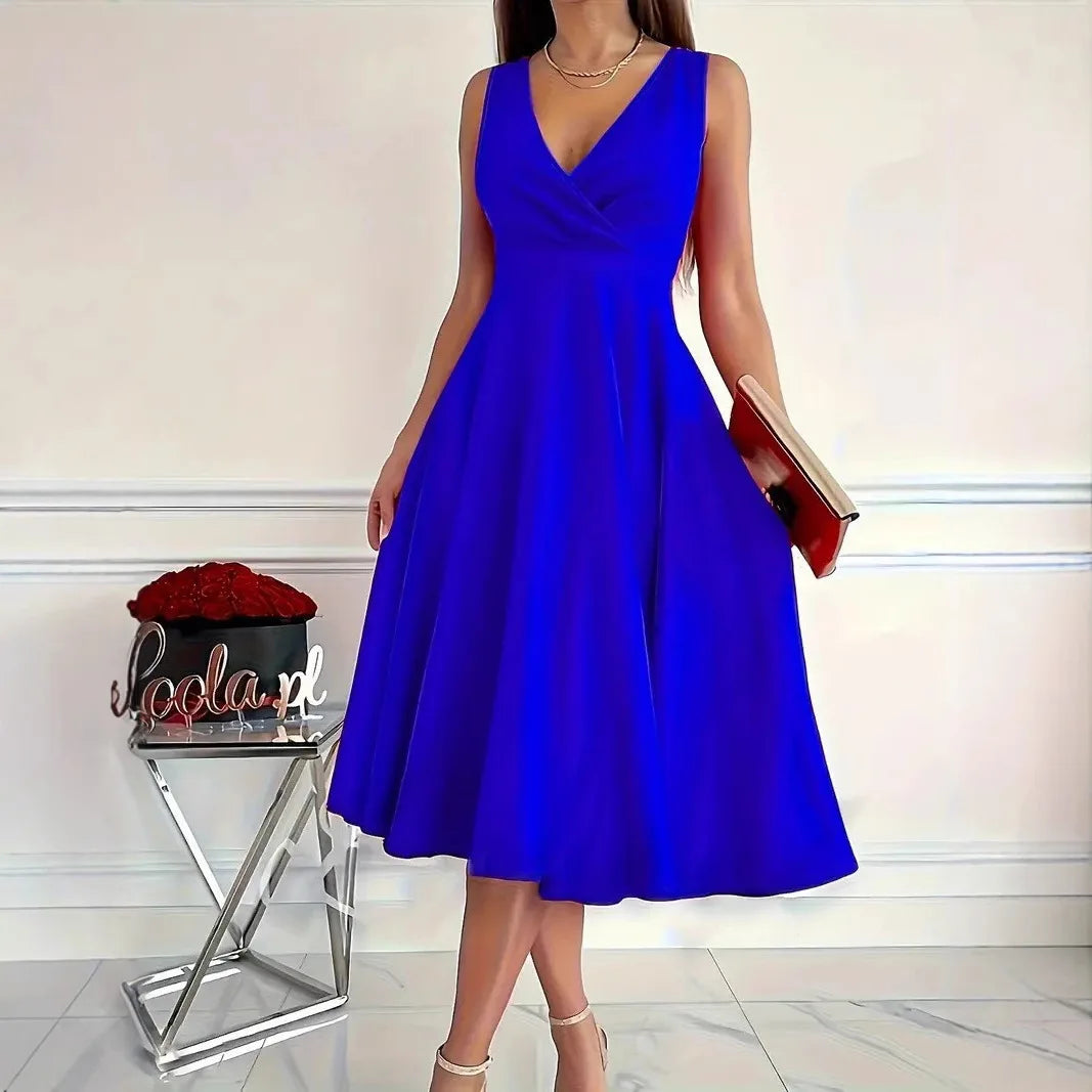 Summer Women's Dress V-neck Sleeveless Elegant Red Fashion Party Black Professional Temperament Evening Midi Skirt