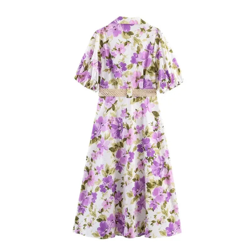 Floral Print Midi Dress with Belt Spring Summer New Style Women's Clothing Commute Style Short Sleeve Turn-down Collar A-line