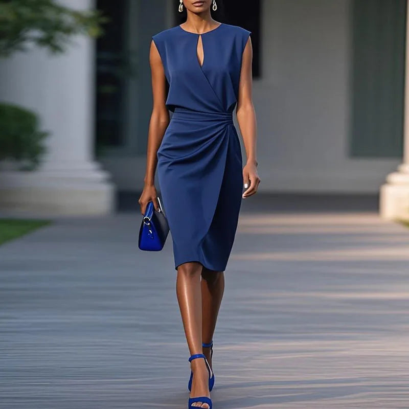Summer Chic Sleeveless Pleated Women Dress Elegant Solid High Waist Party Vestidos Retro Hollow Out O Neck Spliced Commute Dress