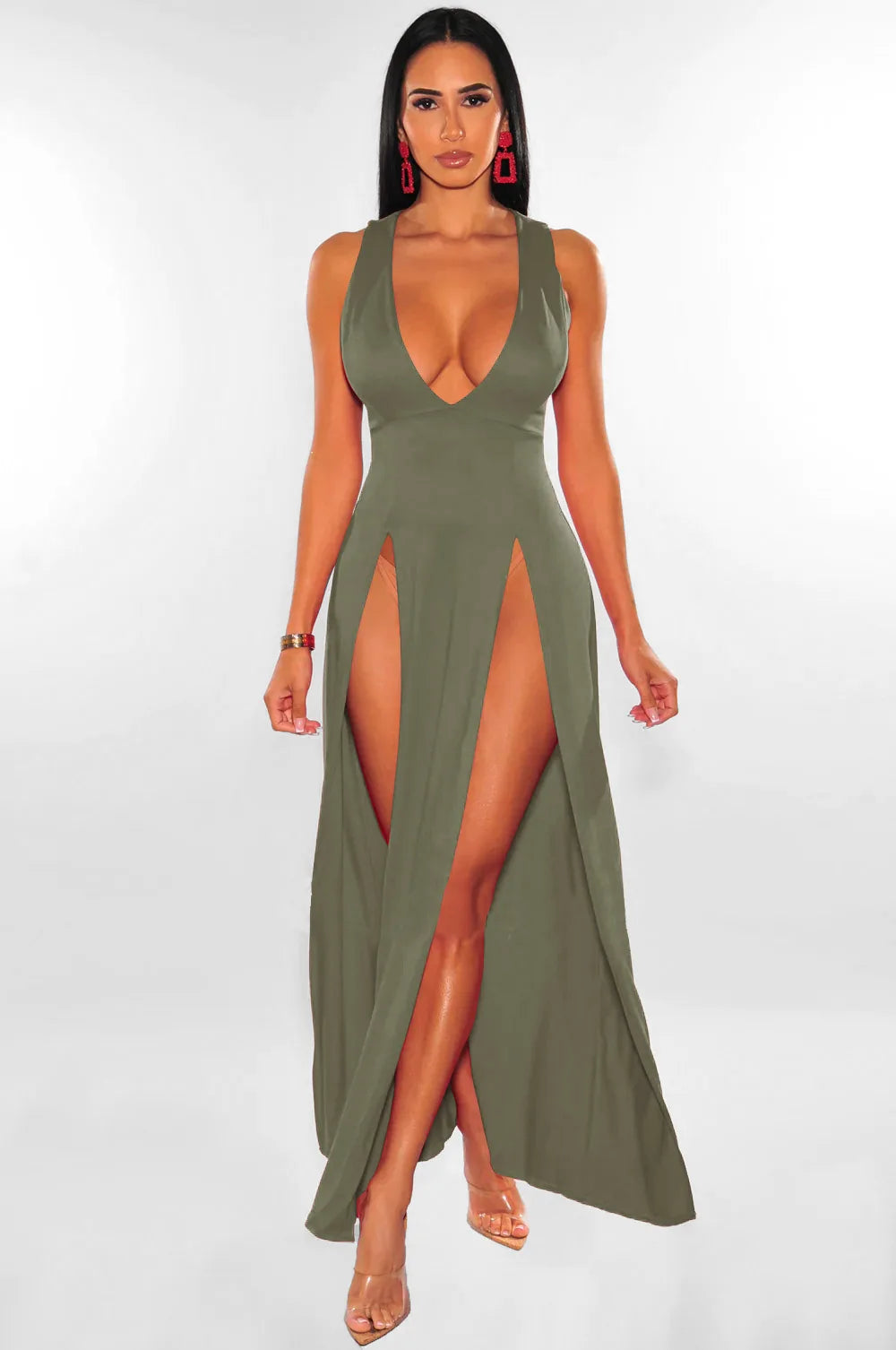 Sleeveless V-Neck Midi Dress – Slim-Fit A-Line Silhouette