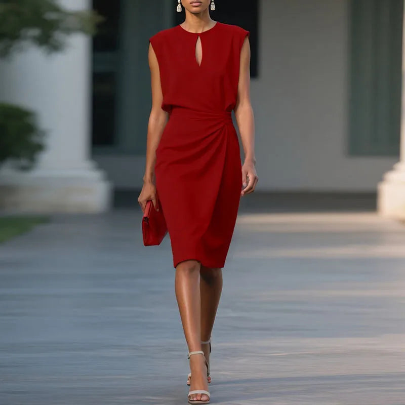 Summer Chic Sleeveless Pleated Women Dress Elegant Solid High Waist Party Vestidos Retro Hollow Out O Neck Spliced Commute Dress