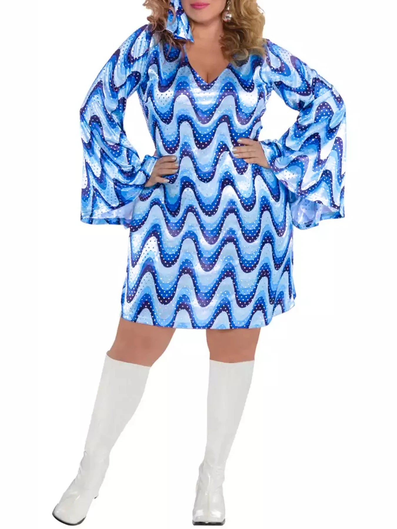 Plus Size 70s Floral Print Disco Swing Dress — Bell Sleeves A-Line | Jazz Hippie Party | 1XL–5XL