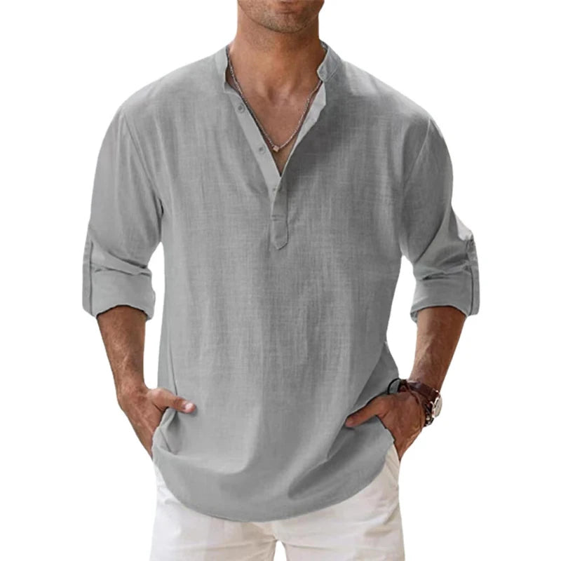 Animal Game Men's Cotton Linen Henley Beach Shirt — Lightweight Long Sleeve Casual Hawaiian Tee | All Season | 7 Colors | S–5XL
