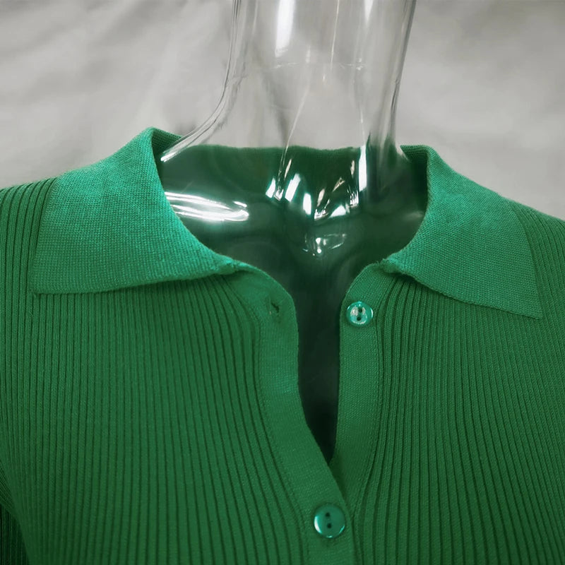 Flare Sleeve Knitted Dress Women Y2K Autumn Winter Sexy Slim Green Midi Dress American Single Breasted Streetwear Club Vestidos