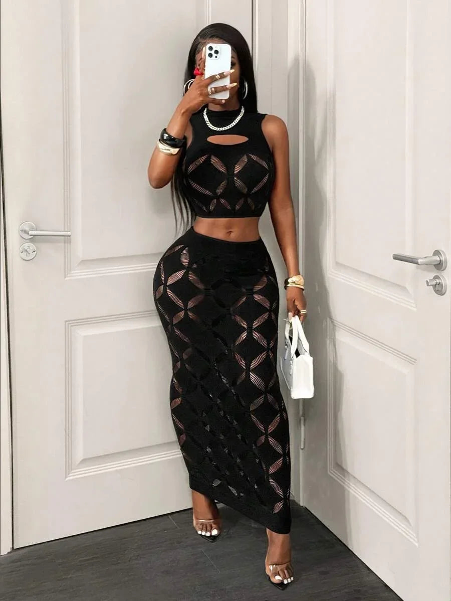 Sheer Mesh Crop Top & Bodycon Mini Skirt Set