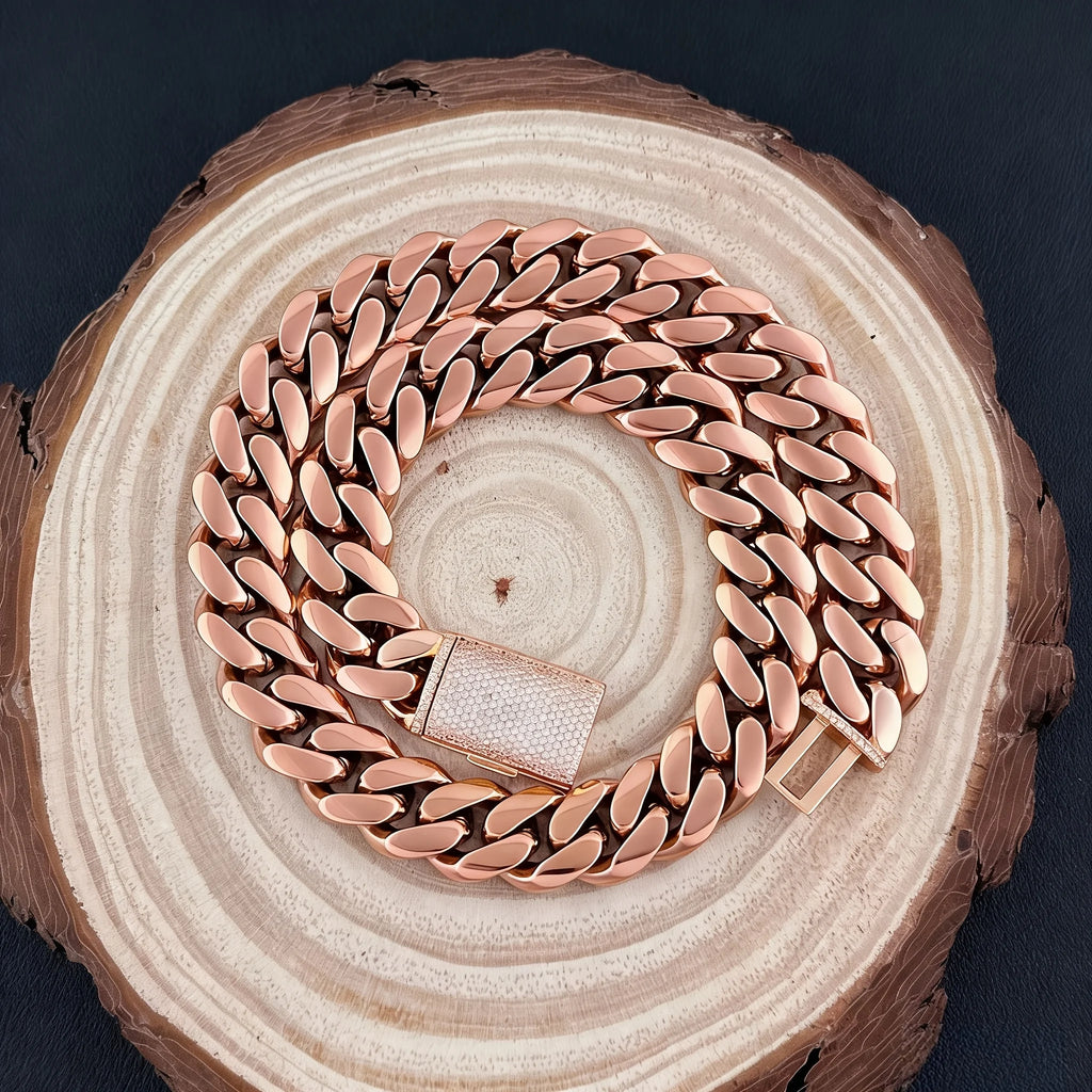 8-22mm Rose Gold  316L Stainless Steel  Cuban Miami Link Chain Iced Out CZ Box Clasp Necklace Fashion Hip Hop Unisex Jewelry