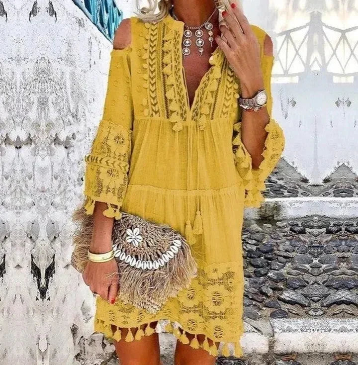 MLSJSHIQI Lace V-Neck Tassel Mini Dress — White Casual Elegant | Medium Stretch | Spring Summer