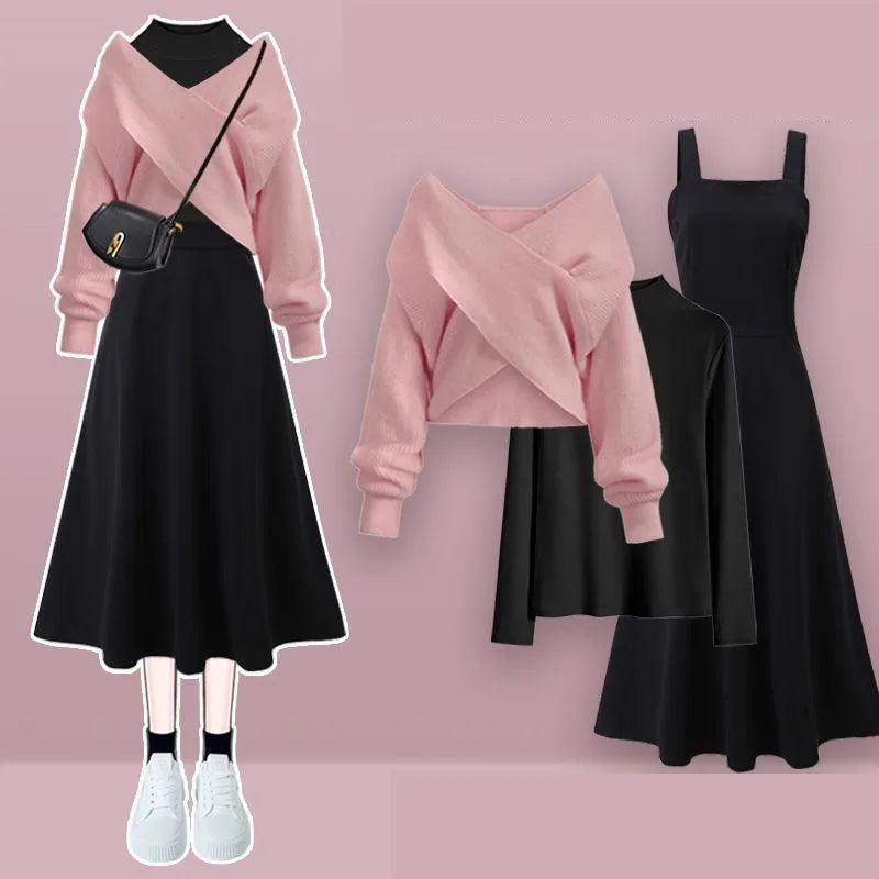 2025 Female Elegant Winter New Cross Knitted Sweater+Bottom Shirt+Black Strap Dress 3-Piece Suit Women Chic Hoodie Matching Set