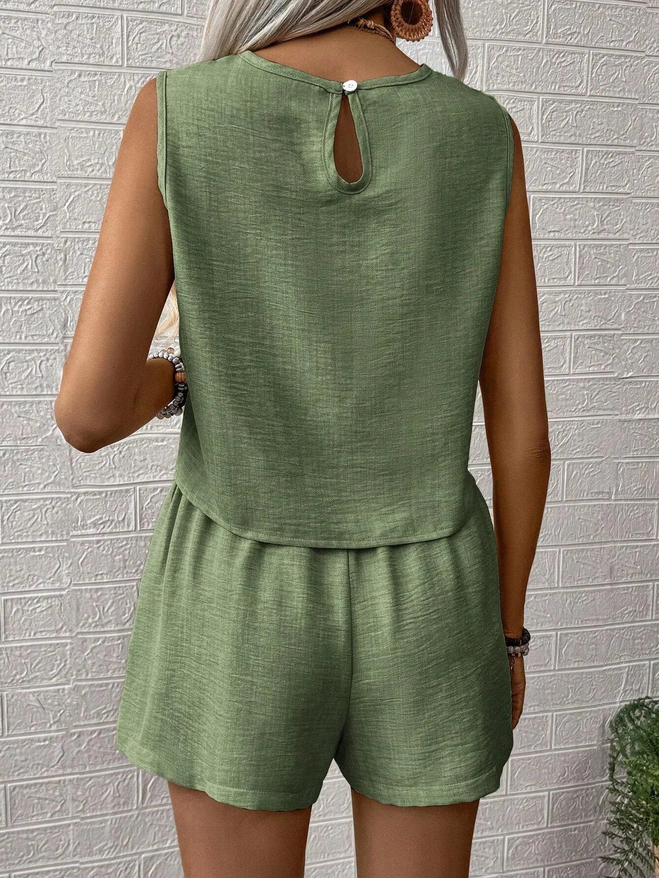 Women's Sleeveless Top & Shorts Set – Solid Color Casual Summer 2-Piece