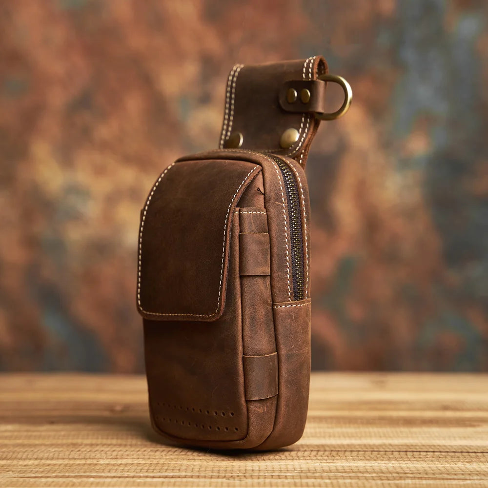 NASVA Genuine Leather Men's Waist Bag Multifunctional Mobile Phone Bag Wearable Belt Waist Bag with Key Hanging Buckle