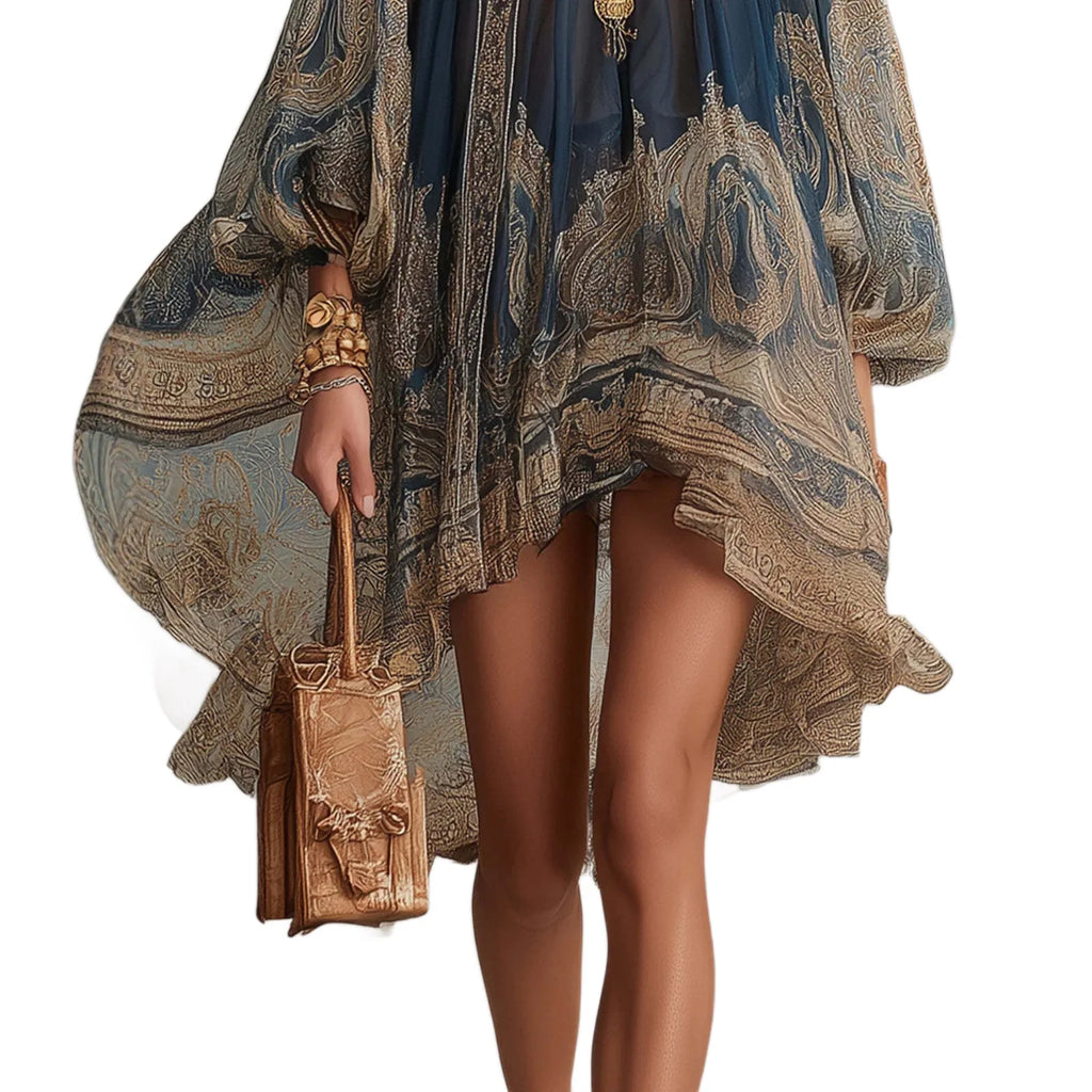2026 hot  European and American turtleneck printed chiffon dress loose vacation style shawl long-sleeved women's dress