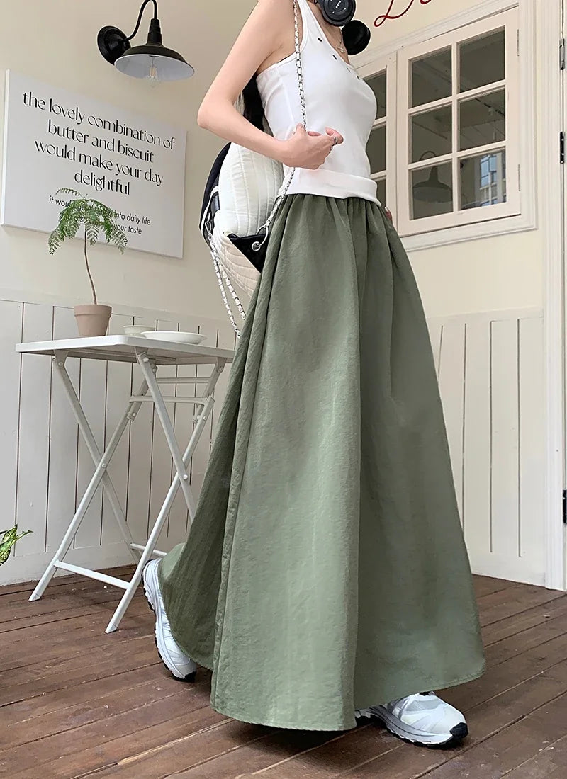 Chic Women Pockets A-Line Long Skirts Ladies Casual Loose Elastic High Waist Midi Skirt 2024 Spring Summer