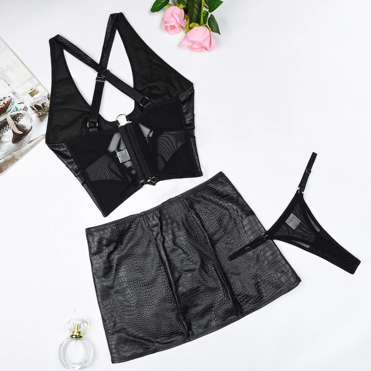 Faux Leather 2-Piece Mini Skirt Set | Lace-Up Cross Bra Top