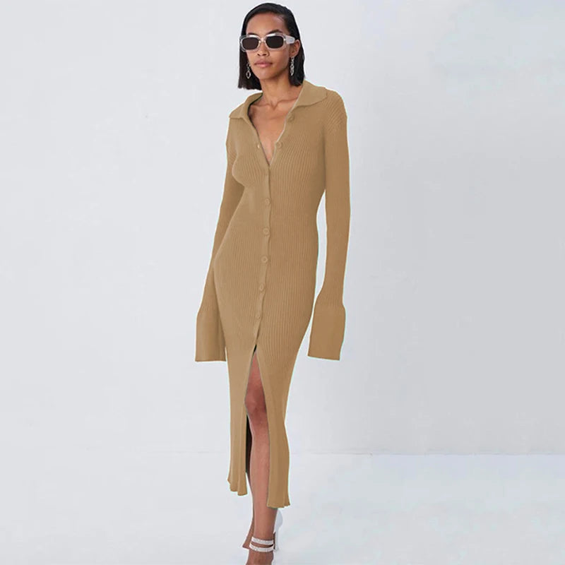 Flare Sleeve Knitted Dress Women Y2K Autumn Winter Sexy Slim Green Midi Dress American Single Breasted Streetwear Club Vestidos