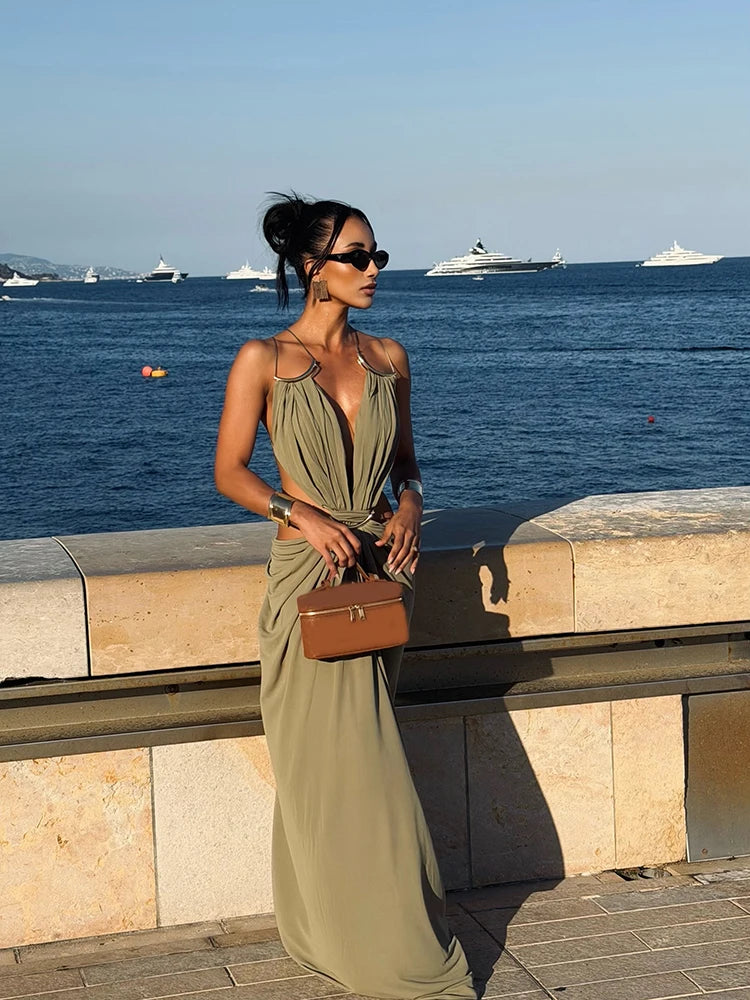 Metal Trim Spaghetti Strap Backless Maxi Dress