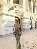 Metal Trim Spaghetti Strap Backless Maxi Dress