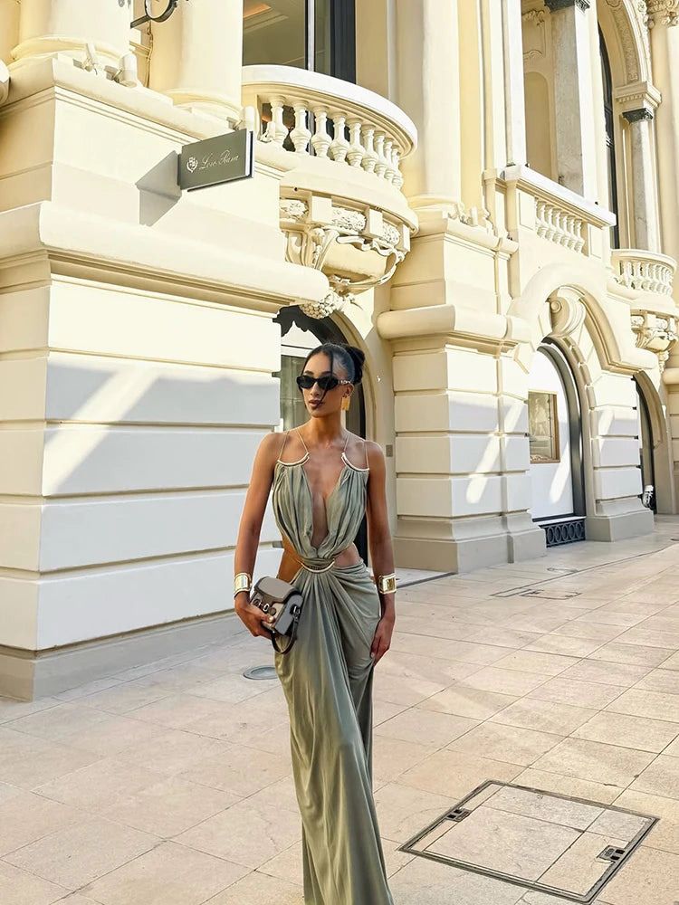 Metal Trim Spaghetti Strap Backless Maxi Dress