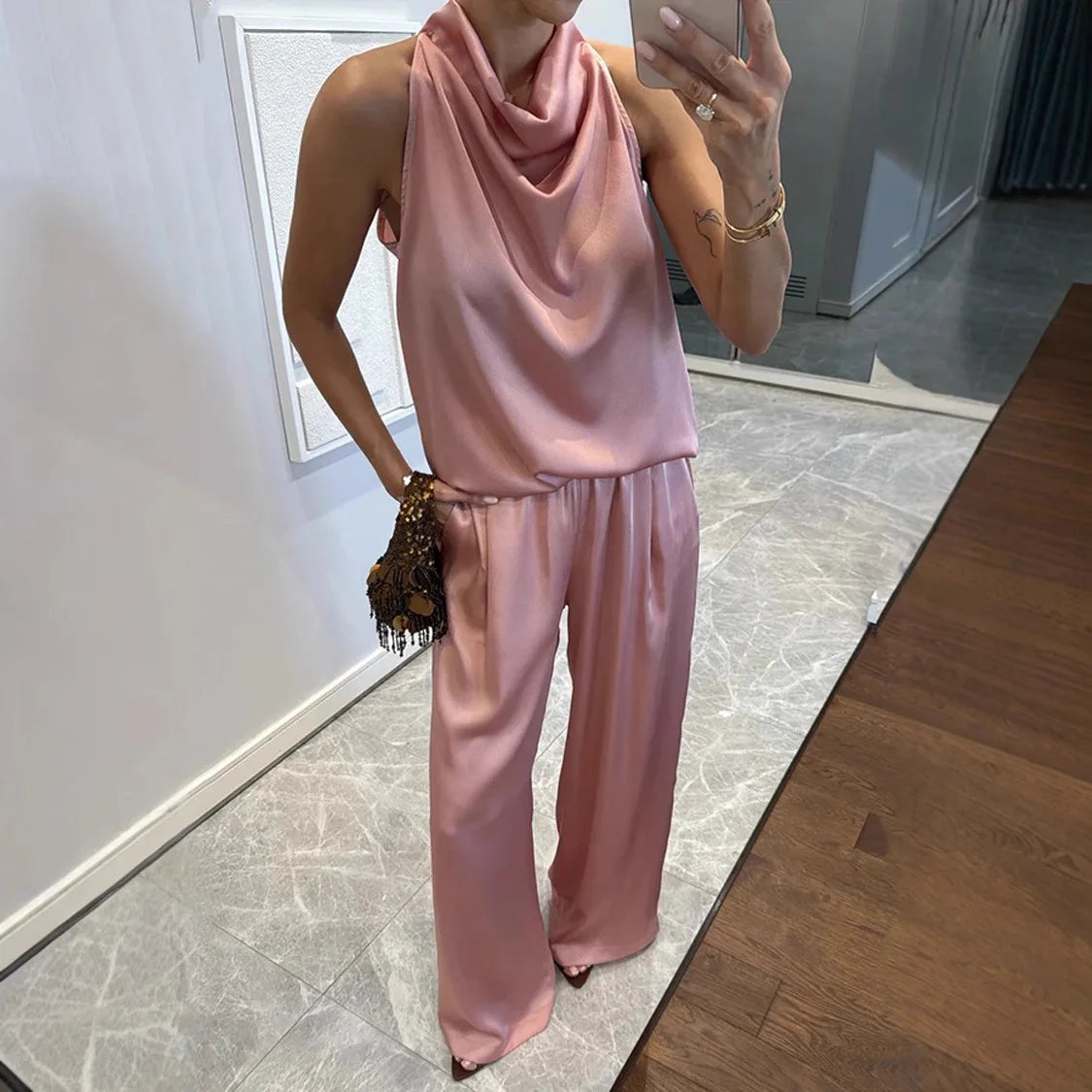 Women's Sleeveless Satin Top & Straight Pants 2-Piece Set – Chic Commuter Suit